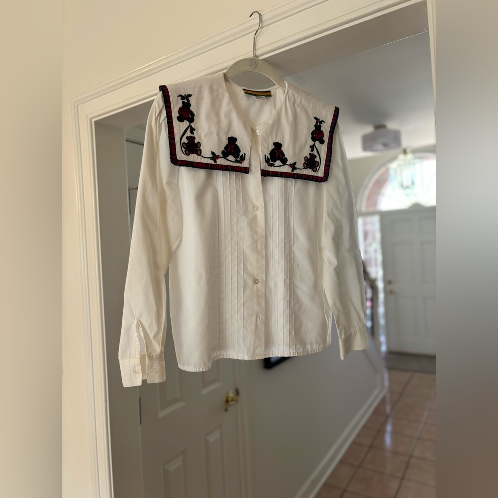 Vintage Bryn Connelly Teddy Bear Sailor Collar Blouse Petite Size 4